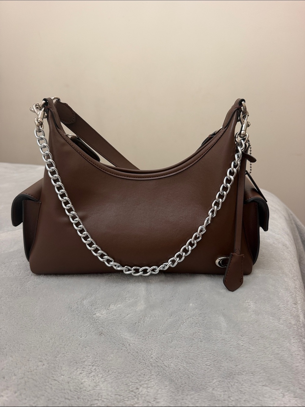Coach logo Brown Leather Shoulder Bag with Silver Chain,